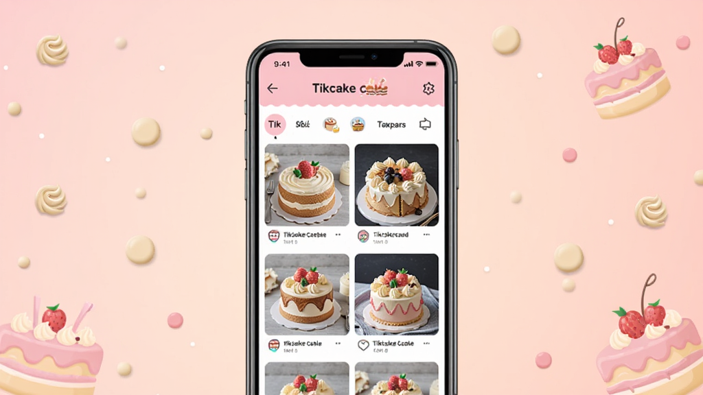 一张展示Tikcake蛋糕应用界面的手机预览图,画面中央是一部智能手机,屏幕上显示着Tikcake蛋糕的首页,包含各式精美蛋糕的缩略图与分类导航栏,背景为温馨的浅粉色渐变,周围点缀着奶油色的小圆点与蛋糕插画元素,整体风格清新甜美,画质清晰,干净无多余元素