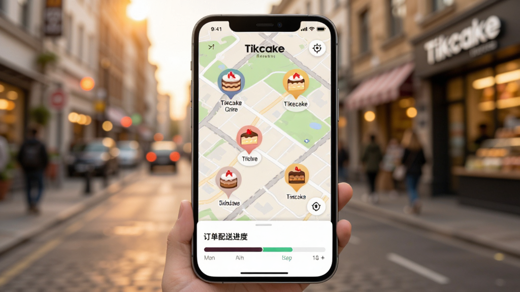 展示Tikcake蛋糕门店配送功能的界面图,画面中一部手机显示地图模式,地图上有多个蛋糕图标标注着附近门店位置,屏幕下方弹出订单配送进度条,背景为城市街道的模糊虚化效果,整体色调明亮温暖,画质清晰,无杂乱元素