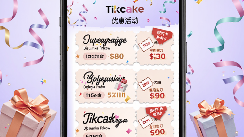 Tikcake蛋糕优惠活动页面预览图,手机屏幕中展示多张优惠券和限时折扣标签,画面中有礼物盒和彩带装饰元素,背景为浅紫色渐变,整体氛围喜庆热闹,画质清晰,无多余干扰元素