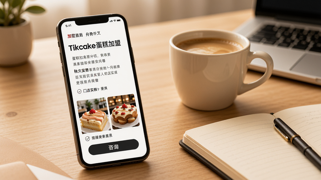 Tikcake蛋糕加盟信息页面展示图,画面中一部手机屏幕上显示着加盟优势介绍、门店实拍照片和咨询按钮,手机旁边放着一杯咖啡和一本笔记本,背景为简洁的办公桌面,色调偏暖,画质清晰,整体风格专业且亲切