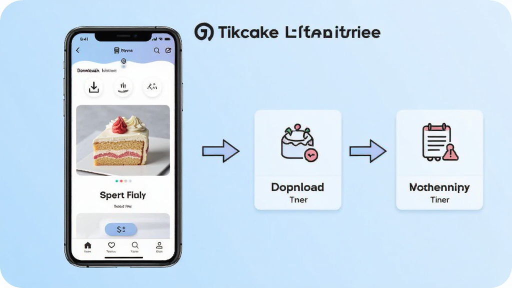 一张Tikcake蛋糕使用教程示意图,画面中一部手机展示应用的操作步骤界面,旁边有箭头指示从下载到下单的流程,背景为浅蓝色渐变,配有简洁的图标和文字说明框,整体风格清晰易懂,画质干净,无多余装饰