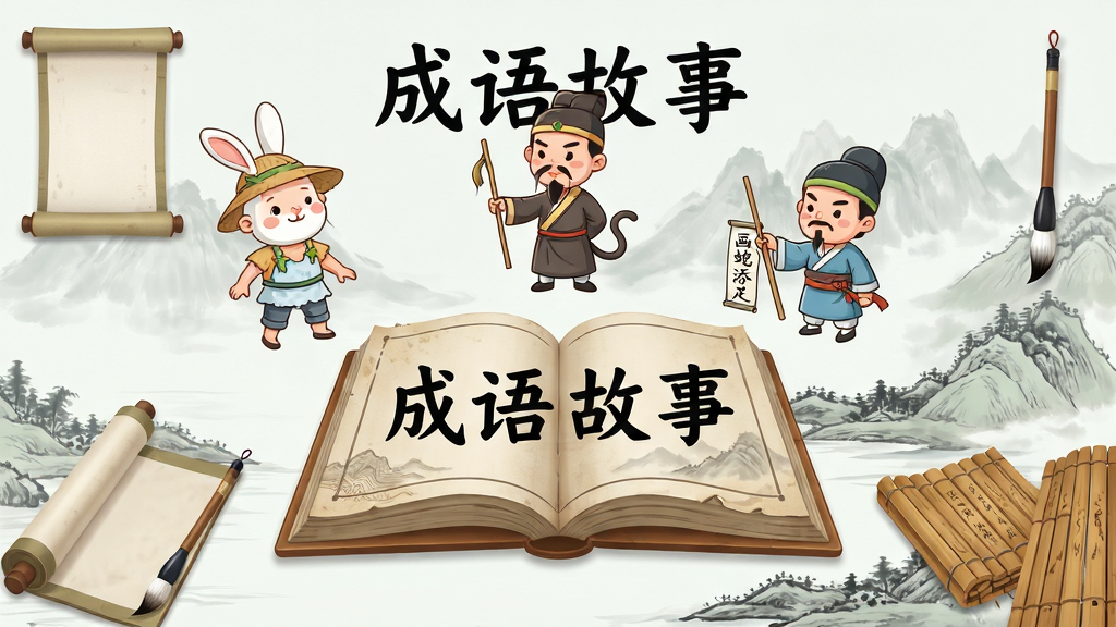 成语故事软件主界面展示,画面中央放置一本翻开的古风书籍,书本上方悬浮多个成语故事角色如守株待兔的农夫、画蛇添足的画师等卡通形象,背景为淡雅的中国风水墨山水,整体布局采用中心对称构图,风格清新童趣,细节处体现卷轴、毛笔、竹简等传统元素,画质高清干净,无多余元素,画面中书写文字“成语故事”