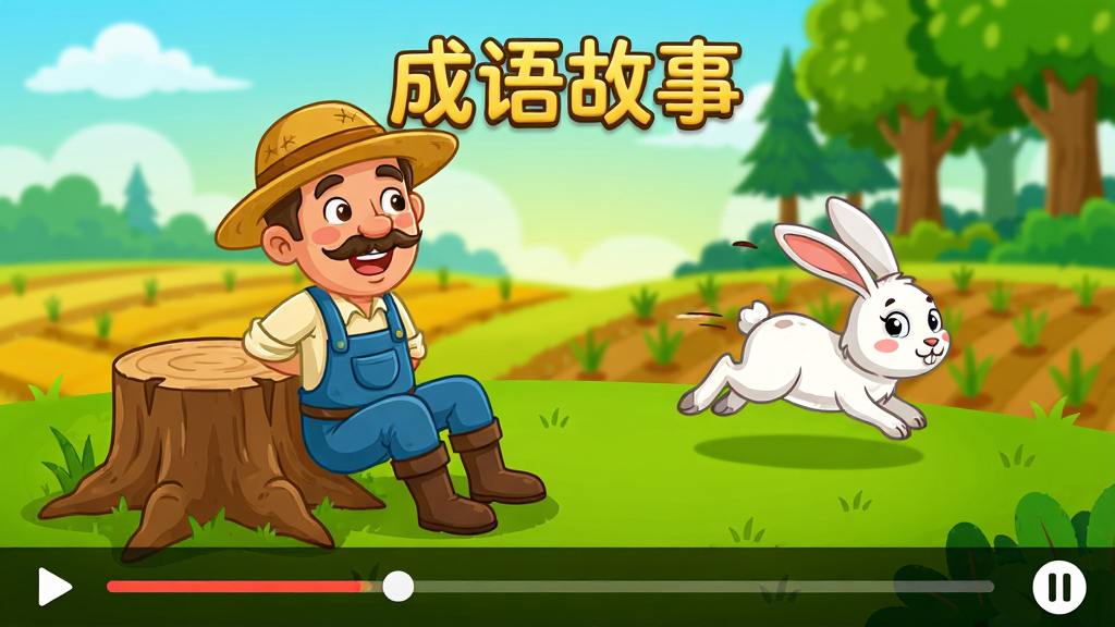 成语故事动画视频播放界面,画面中展示守株待兔故事的卡通场景,一个农夫坐在树桩旁,一只兔子从远处跑来,背景为农田和树林,整体采用明快鲜艳的色彩风格,布局为全屏播放模式,底部有播放进度条和暂停按钮,细节处体现卡通角色的表情与动作,画质高清干净,画面中书写文字“成语故事”