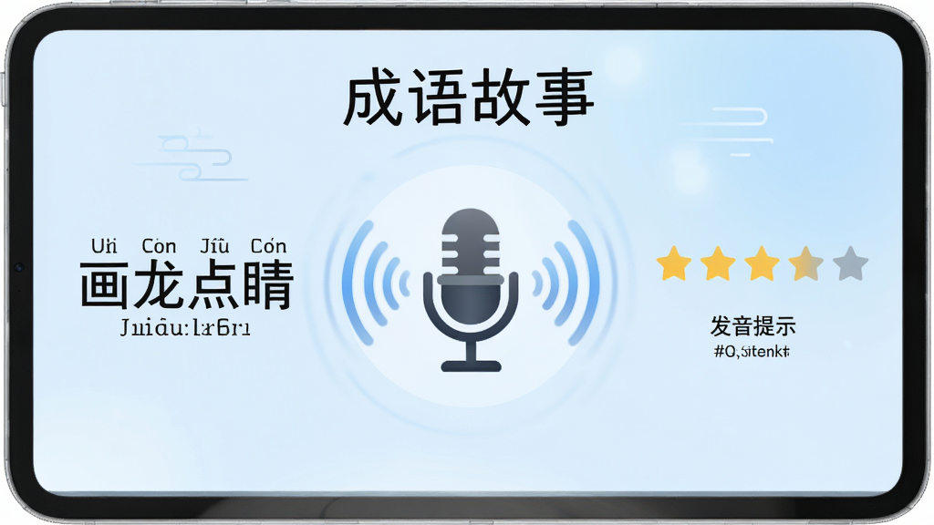 成语故事语音跟读功能界面,画面中央展示一个麦克风图标和声波图案,左侧为成语“画龙点睛”的文字与拼音标注,右侧为评分星级和发音提示,背景为柔和淡蓝色渐变,布局清晰直观,风格简约现代,细节处体现声波动画效果,画质高清干净,画面中书写文字“成语故事”