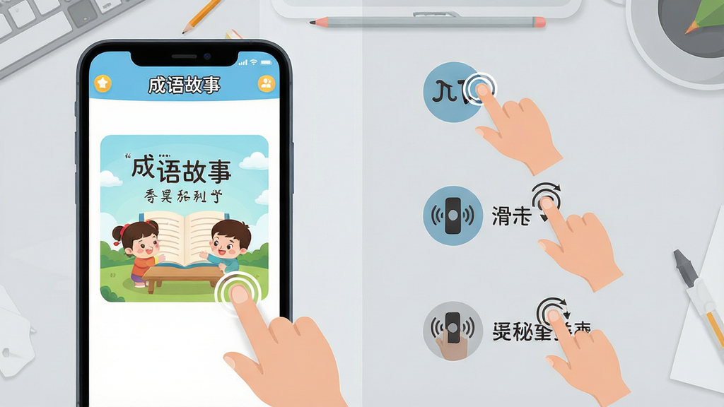 成语故事软件使用教程示意图,画面左侧展示手机屏幕截图,屏幕中显示成语故事应用的绘本阅读界面,右侧展示操作步骤标注,包括点击、滑动、录音等手势图标,背景为浅灰色工作台,布局为左右分栏对比,风格为扁平化教学插图,细节处体现手指触控动作和界面元素,画质高清干净,画面中书写文字“成语故事”