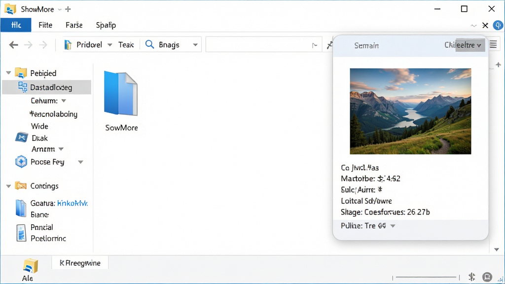 ShowMore ����������չʾ������Ϊ Windows ��Դ���������ڣ��Ҳ�������ͼƬԤ����壬�������ʾһ�ŷ羰��Ƭ������ͼ���ļ���Ϣ�����ּ���������Ű�Ϊ���ҷ����ṹ�����Ϊ�ִ���ƽ����ƣ�ϸ�ڰ���ǳɫ��������ɫ����ѡ��״̬��������ͼ�������ֱ�ע�����������ɾ����޶���װ��Ԫ��