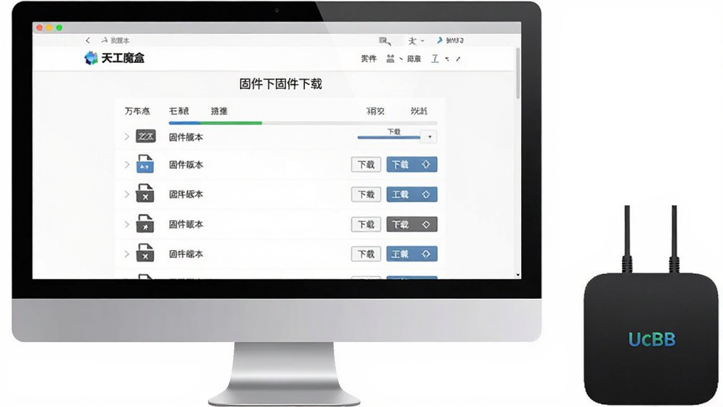 一张展示固件下载页面的示意图,画面中央是一台电脑显示器,屏幕上显示着“天工魔盒”固件下载页面,页面中有多个固件版本列表和下载按钮,旁边有一台电视盒子作为参考,布局为居中展示,风格为简洁的网页风格,细节包括进度条和文件图标,画质高清,干净,无多余元素