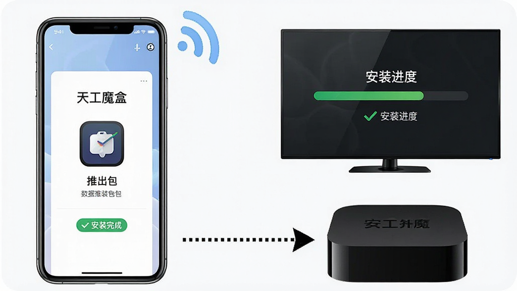 一张展示手机向电视盒子推送安装包的示意图,画面左侧是一部手机,右侧是一台电视盒子,中间用一条虚线箭头连接代表数据传输,手机屏幕上显示“天工魔盒”的推送界面,电视屏幕上显示安装进度条,布局左右对称,风格简洁明快,细节包括无线信号图标和安装完成的提示,画质清晰,干净,无多余元素