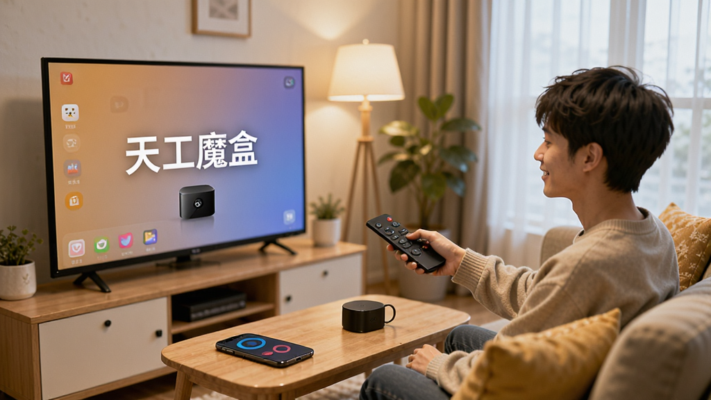 一张展示新手使用电视盒子的场景图,画面中一位年轻人坐在沙发上,手拿遥控器对着电视屏幕,电视屏幕上显示“天工魔盒”的提示界面,旁边茶几上放着一部手机,布局为客厅全景,风格为生活化温馨感,细节包括沙发靠垫、绿植和暖色灯光,画质高清,干净,无多余元素