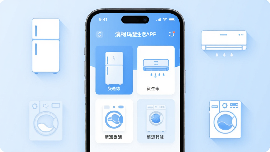 画面中央放置一部智能手机,屏幕上显示澳柯玛慧生活APP的主界面,界面中有冰箱、空调、洗衣机等设备卡片,手机周围环绕着简约线条绘制的冰箱、空调、洗衣机图标,背景为浅蓝色渐变,整体布局居中对称,风格为现代扁平化科技风,细节包括柔和的阴影和圆角图标,画质清晰,干净,无多余元素