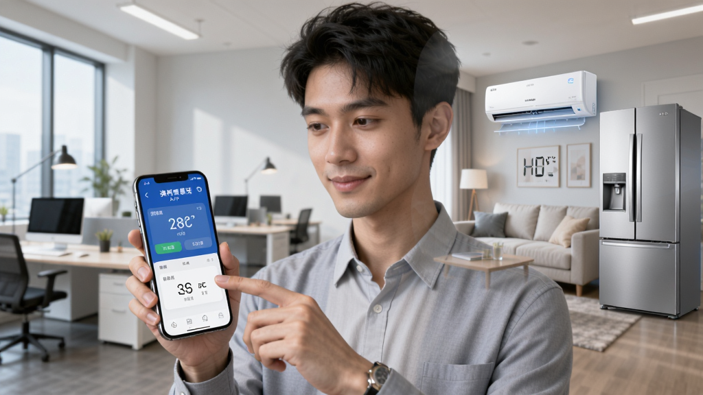 画面中央是一位年轻人在办公室用手机操作澳柯玛慧生活APP,手机屏幕显示空调控制界面,背景左侧是办公室环境,右侧用半透明叠加的方式显示家中空调和冰箱的虚拟影像,布局为左实右虚,风格为现代商务科技风,细节包括手机屏幕的界面元素和空调温度数字,画质清晰,干净,无多余元素