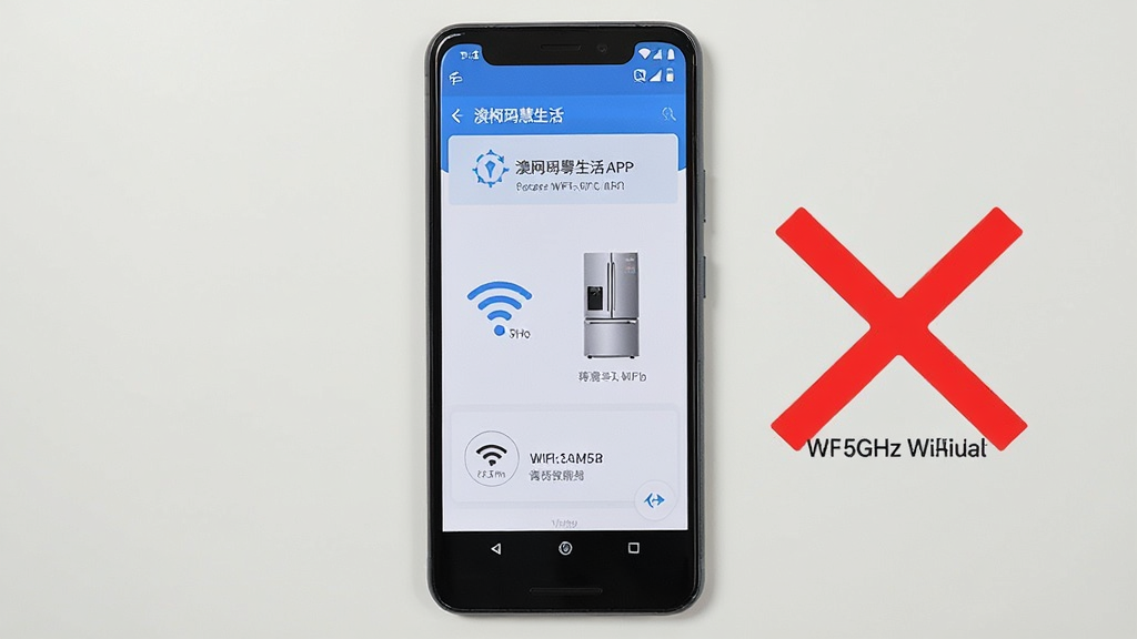 画面中央是一部安卓手机,屏幕显示澳柯玛慧生活APP的配网引导页面,页面中有WiFi图标和冰箱图标,手机旁边有一个红色的叉号表示5GHz WiFi不可用,背景为浅色,布局为手机居中,风格为简洁教程风,细节包括WiFi频段标识和手机屏幕的清晰文字,画质清晰,干净,无多余元素