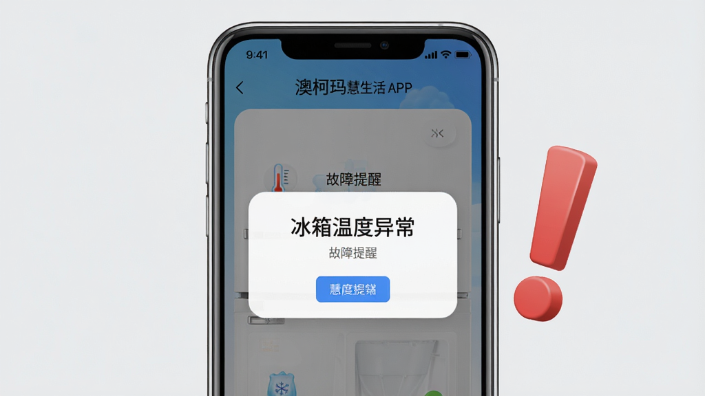 画面中央是一部手机,屏幕显示澳柯玛慧生活APP的故障提醒弹窗,弹窗内容为