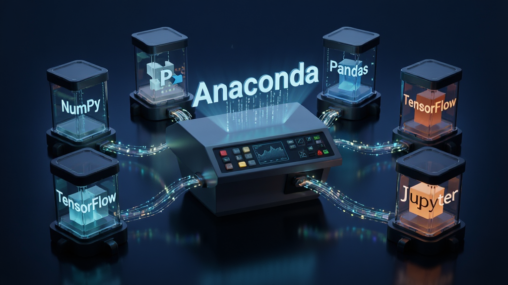 ����Ϊһ���������̨������̨�Ϸ������š�Anaconda������������̨��Χ�����Ŷ��͸������������ÿ�������ڷֱ��ע��NumPy����Pandas����TensorFlow����Jupyter�������֣�����֮���ɷ�������������ӣ����ֳʷ���״��������У����Ϊ3D��Ⱦ�Ƽ��У�ϸ�ڰ������������Ĺ��Ͱ�͸�����ʣ����ʸ���ɾ�������Ϊ����ɫ���䣬�޶���Ԫ��