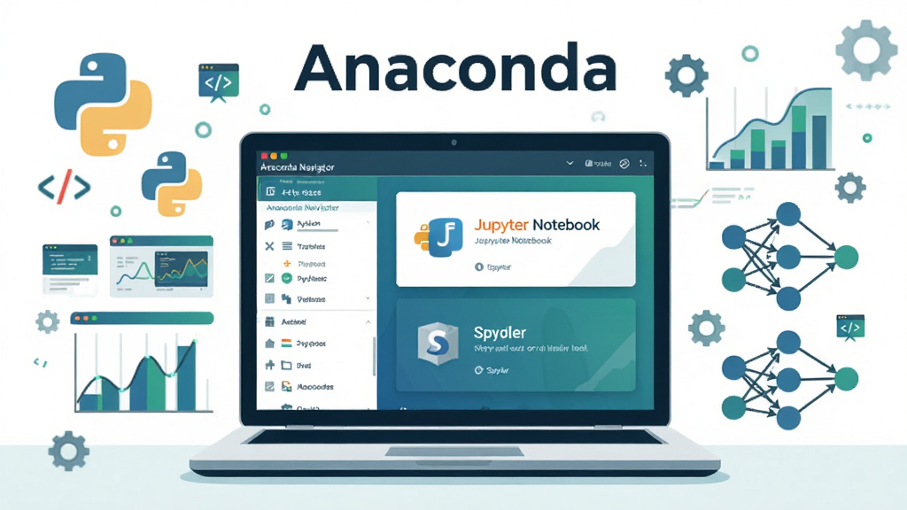 ����������һ̨�򿪵ıʼǱ����ԣ���Ļ����ʾ��Anaconda Navigator��ͼ�ν��棬�������Ϊ���������Ҳ�ΪJupyter Notebook��Spyder��������Ƭ��������Χ������Python������š�����ͼ����������ڵ��Ԫ�أ����岼�־��жԳƣ��Ϸ����״���ע��Anaconda�����������Ϊ��ƽ���Ƽ��廭��ϸ�ڰ����������ߡ�����Ƭ�Ρ�����ͼ�ꣻ���������ɾ���ɫ��������Ϊ�����޶���װ��Ԫ��