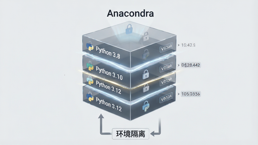 ����������һ���ֲ��͸��������ṹ��ÿһ�����һ��������Python�������ֱ��ע��Python 3.8����Python 3.10����Python 3.12�������֣������֮���ù�����룻�������Ϸ�������Anaconda���������·��м�ͷָ�򡰻������롱��ǩ�����־��У����Ϊ����Ƽ��磬ϸ�ڰ�������ͼ��Ͱ汾�ű�ǩ�����ʸɾ�����������Ϊǳ��ɫ���޶���Ԫ��