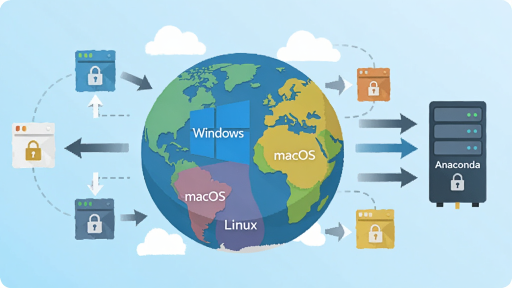 ����������һ�������ǣ��������ϱ�ע��Windows����macOS����Linux���������򣬵�������Χ���������ݰ��ͼ�ͷ����ͷָ��һ�����С�Anaconda���ķ�����ͼ�ꣻ���־��У����Ϊ��ƽ���廭��ϸ�ڰ����ƶ䡢����ͼ��ʹ����ͷ�����ʸɾ�����������Ϊǳ��ɫ���䣬�޶���Ԫ��