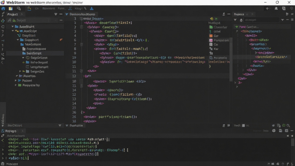 һ��չʾ WebStorm �����������ͼƬ��������������ɫ����Ĵ���༭�����ڣ���Ļ����ʾ�Ų�ɫ�� JavaScript �� HTML ���룬�������Ŀ�ļ������Ҳ��д���ṹԤ�����ײ����ն���壬���岼������רҵ��������ִ������ʸ��壬�ɾ��޶���Ԫ��