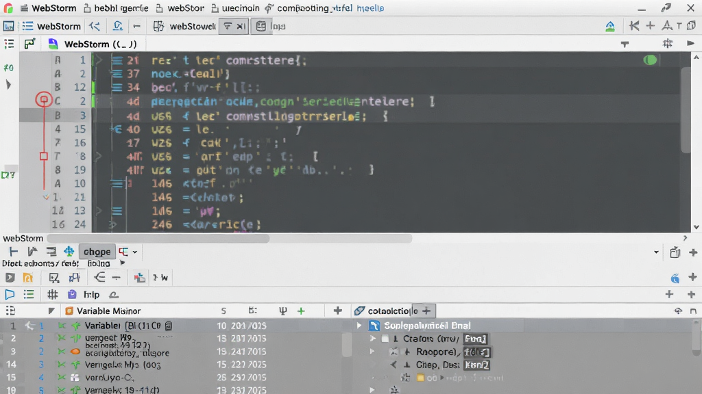 һ��չʾ WebStorm ���Խ����ͼƬ�������д���༭������к�ɫ�ϵ��ǣ��ײ����������ʾ���������б��͵��ö�ջ�������е��Կ��ư�ť�����岼�ֽ��գ����רҵ����������