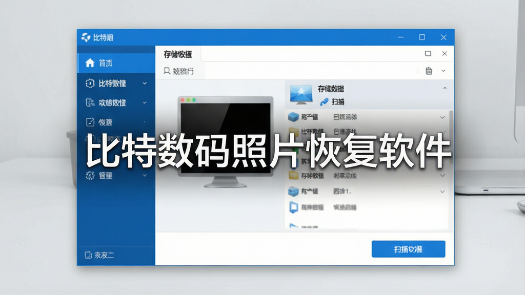 一张展示比特数码照片恢复软件主界面的预览图,画面中央是软件窗口,左侧为功能导航栏,右侧为存储设备列表和扫描按钮,界面风格简洁现代,色调以蓝白为主,背景为干净的浅灰色桌面,画面中显示文字“比特数码照片恢复软件”,整体布局清晰,画质高清,干净无多余元素