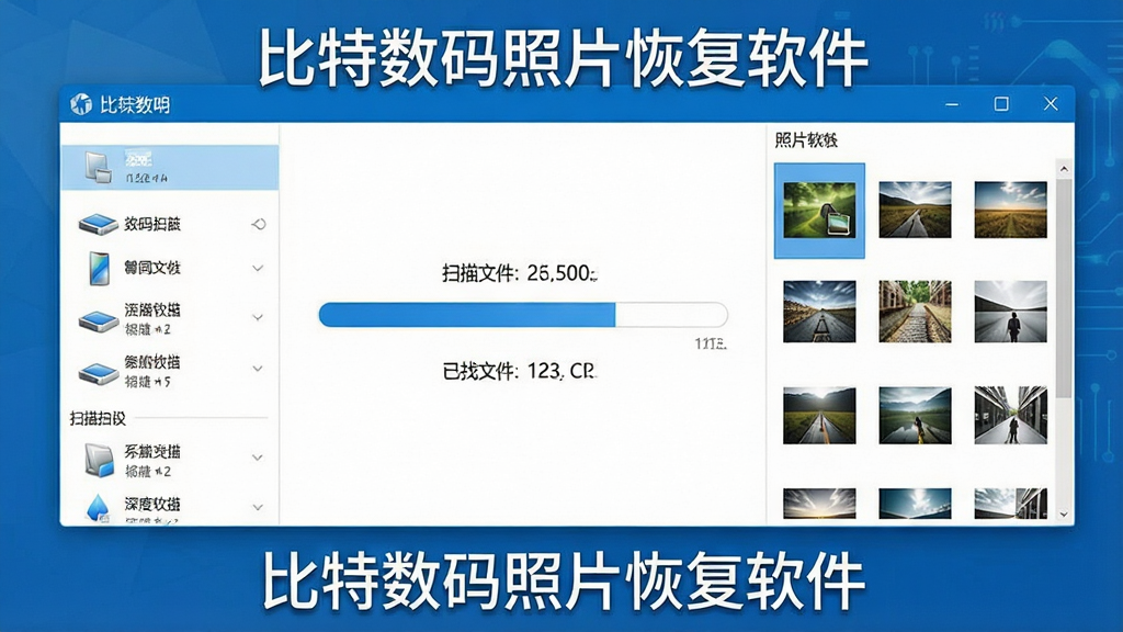 一张展示比特数码照片恢复软件深度扫描功能的示意图,画面主体是软件扫描进度界面,中央显示扫描进度条和已找到的文件数量,左侧列出存储设备,右侧预览窗口中显示多张正在被恢复的照片缩略图,界面风格专业简洁,色调以蓝色和白色为主,画面中标注文字“比特数码照片恢复软件”,布局对称,画质高清,干净无多余元素