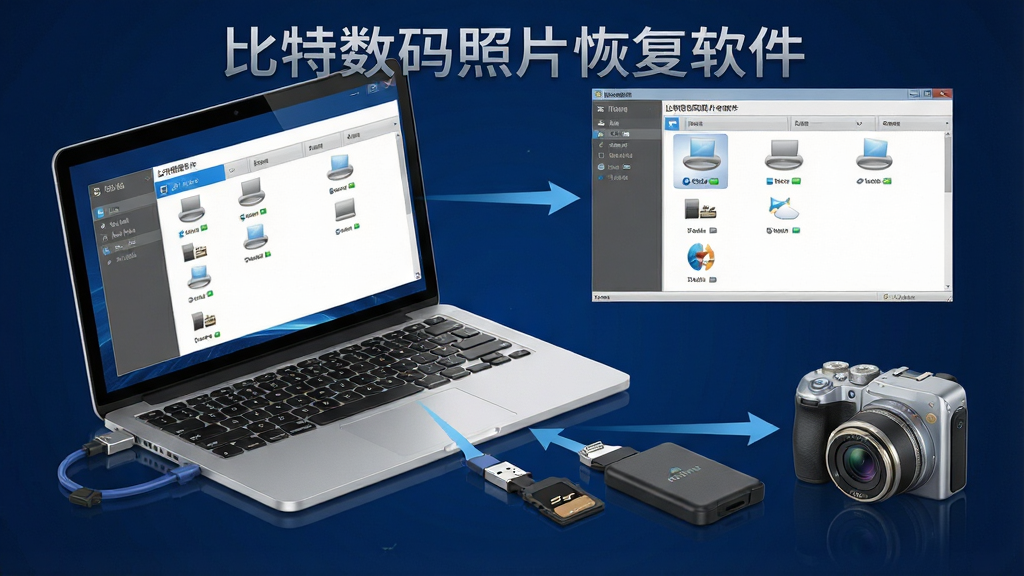 一张展示比特数码照片恢复软件多设备兼容支持的示意图,画面中一台笔记本电脑连接着U盘、SD卡、移动硬盘和数码相机,每个设备旁边有箭头指向软件界面,界面中显示各设备盘符列表,画面风格科技感十足,色调以深蓝和银灰为主,画面中标注文字“比特数码照片恢复软件”,布局清晰,画质高清,干净无多余元素