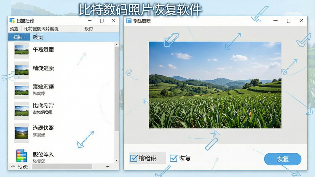 一张展示比特数码照片恢复软件预览与选择性恢复功能的示意图,画面中软件界面分为左右两栏,左侧为扫描到的文件列表,右侧为大图预览窗口,预览窗口中显示一张清晰的照片,窗口下方有勾选框和恢复按钮,界面风格清爽,色调以白色和浅蓝为主,画面中标注文字“比特数码照片恢复软件”,布局合理,画质高清,干净无多余元素