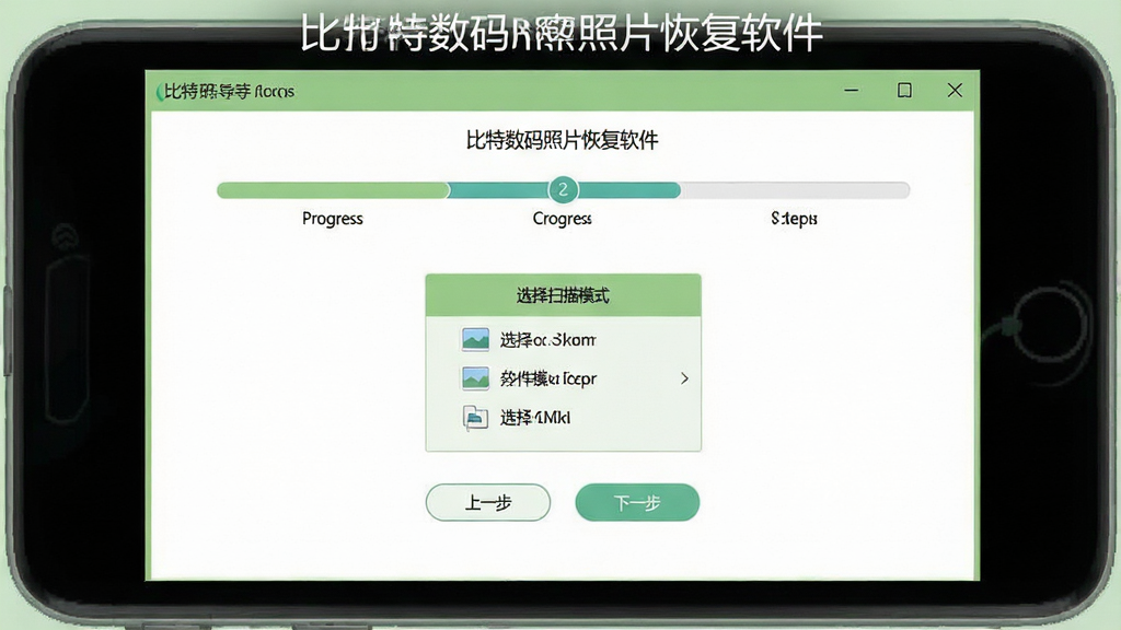 一张展示比特数码照片恢复软件操作向导界面的示意图,画面中软件界面显示三个步骤的进度指示器,当前处于第二步,界面中央有选择扫描模式的选项,下方有上一步和下一步按钮,整体风格简洁友好,色调以浅绿和白色为主,画面中标注文字“比特数码照片恢复软件”,布局规整,画质高清,干净无多余元素