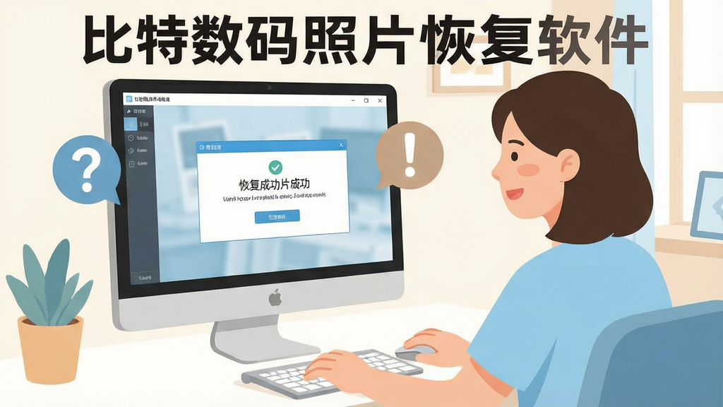 一张展示比特数码照片恢复软件用户问答场景的示意图,画面中一位用户坐在电脑前使用软件,屏幕显示恢复成功的提示窗口,旁边有问号和感叹号图标表示常见问题,整体风格亲切自然,色调以暖白和浅蓝为主,画面中标注文字“比特数码照片恢复软件”,布局简洁,画质高清,干净无多余元素