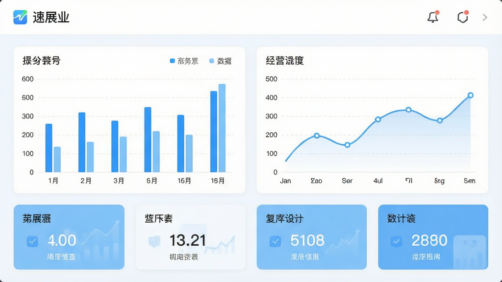 一张数据看板界面截图风格图片,画面中显示“速展业”经营数据图表,包含柱状图、折线图与数字卡片,背景为干净的白色与浅蓝色调,布局为上下结构,排版工整,风格为商务简约风,细节精致,画质高清,干净,无多余元素