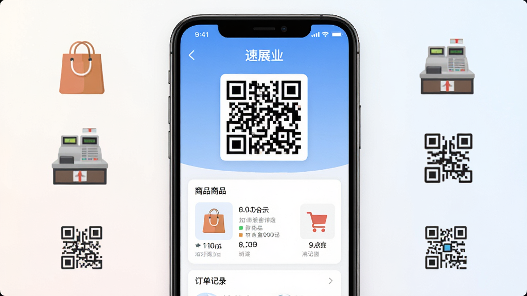 手机屏幕居中展示“速展业”应用界面,界面包含店铺二维码、商品列表、订单记录等模块,背景为简洁的浅色渐变,手机两侧有少量店铺经营相关图标如购物袋、收银台、二维码标识,整体布局清晰,排版整齐,风格为现代扁平化UI设计,细节精致,画质高清,干净,无多余元素