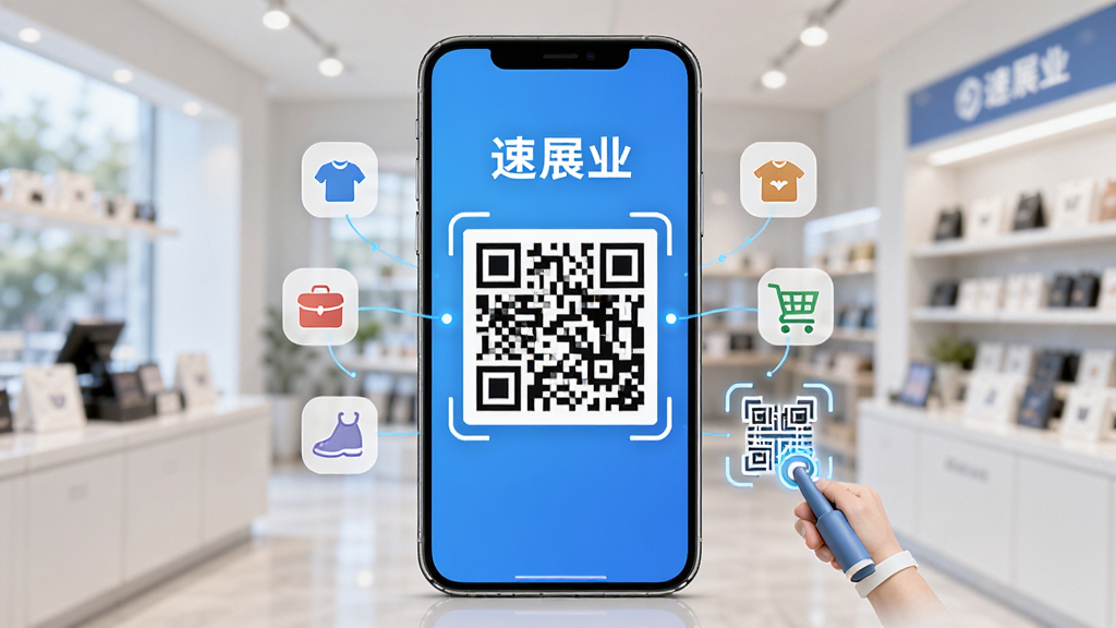 画面中央一部智能手机,屏幕上显示“速展业”生成的店铺二维码,二维码周围环绕商品小图标与顾客扫码动作示意,背景为明亮的店铺场景虚化,布局左右均衡,排版简洁,风格为写实科技风,细节清晰,画质高清,干净,无多余元素