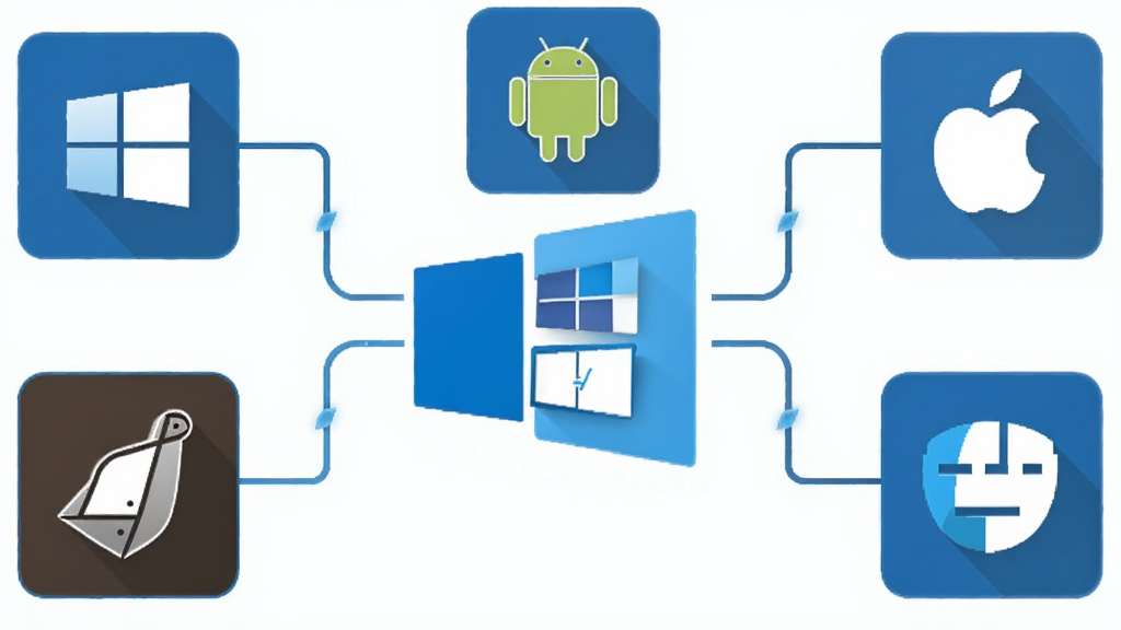 一张展示Visual Studio多平台开发能力的示意图,主体为Visual Studio图标居中,周围环绕Windows、Android、iOS、Linux、Web等平台图标,用连线表示支持关系,风格简洁现代,蓝色调为主,画面干净,布局清晰,高清画质,无多余元素。
