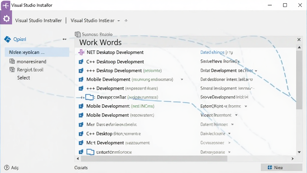 一张展示Visual Studio安装程序界面的截图,主体为Visual Studio Installer窗口,显示工作负载选择列表,包含.NET桌面开发、C++桌面开发、移动开发等选项,界面为浅色主题,布局清晰,画面干净,高清画质,无多余元素。