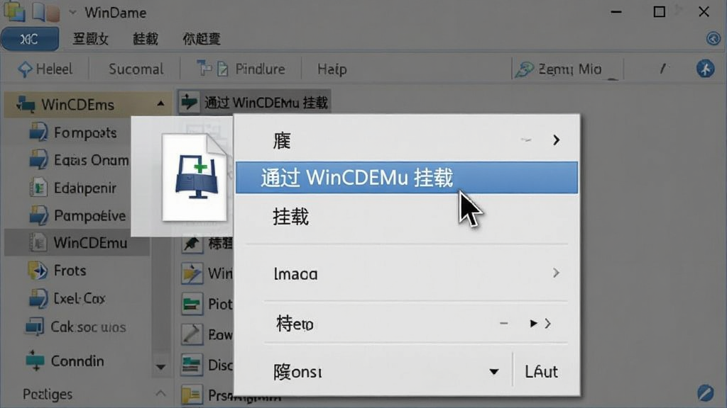 WinCDEmu 右键菜单挂载操作示意图,主体为 Windows 资源管理器右键菜单,布局显示在文件图标旁,排版突出“通过 WinCDEmu 挂载”选项,风格为真实系统截图风格,细节包含鼠标指针和文件高亮状态,画质清晰,干净,无多余元素
