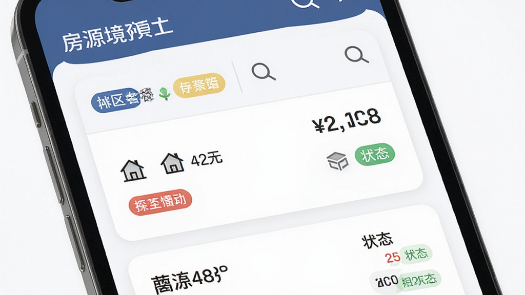 数字境商房源管理界面展示,画面为手机屏幕特写,屏幕内呈现房源列表与筛选标签,包含小区名称、户型图标、价格数字、状态标签等元素,布局为上下结构,风格简洁商务,细节包括圆角卡片、彩色状态标签、搜索放大镜图标,画质清晰,背景干净,无杂乱元素