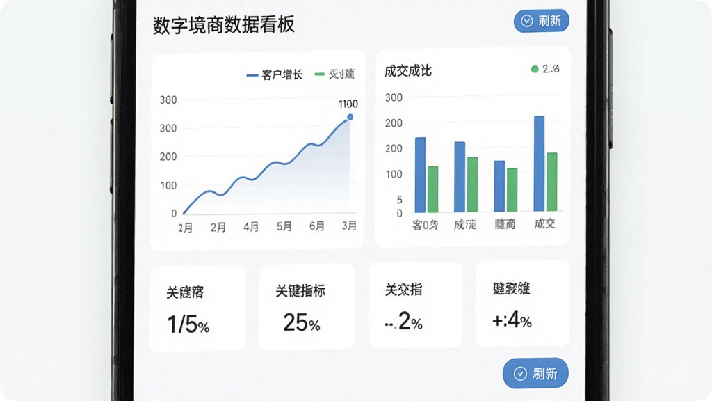 数字境商数据看板界面,手机屏幕显示折线图与柱状图组合,包含客户增长曲线、成交柱状对比、关键指标数字卡片,布局为上下分区,风格商务简约,细节包括图例标签、百分比数字、刷新按钮,画质清晰,背景为浅色,无多余元素
