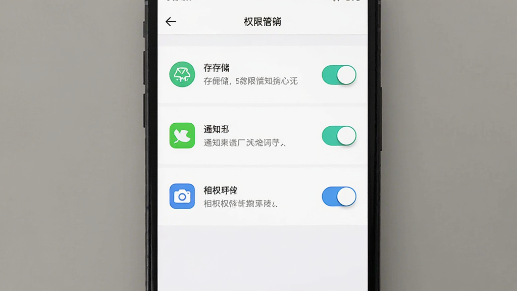 数字境商移动端操作界面截图,画面为手机屏幕展示应用设置页面与权限管理选项,包含存储、通知、相机权限开关图标,布局为纵向列表,风格简洁,细节包括权限说明文字、开关按钮、返回箭头,画质清晰,背景为白色,无多余元素