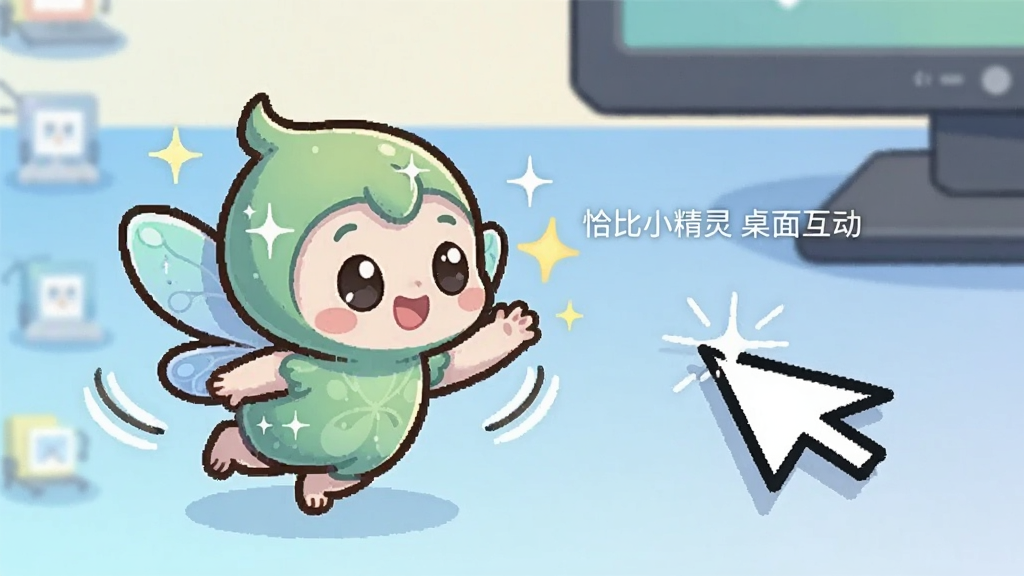 一只卡通小精灵在电脑桌面上与鼠标指针互动,小精灵伸出小手试图抓住光标,背景是浅蓝色渐变桌面,画面布局中小精灵位于左侧,鼠标指针位于右侧,风格为Q版卡通,细节有闪烁的星星和动态线条,画质干净明亮,图中文字标注“恰比小精灵 桌面互动”