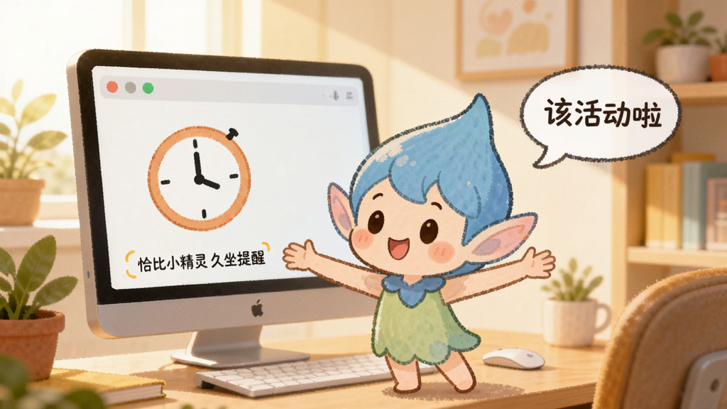 卡通小精灵站在电脑屏幕前做出伸展手臂的动作,旁边显示一个时钟图标和“该活动啦”文字气泡,背景是温馨的室内办公场景,布局中小精灵居中,风格为清新手绘风,细节包括绿植和阳光光线,画质柔和干净,图中文字标注“恰比小精灵 久坐提醒”