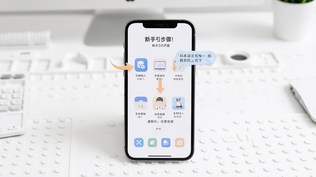 唯有一拍操作界面引导图,画面中手机屏幕显示新手引导步骤,包含箭头指示和文字说明,背景是简洁的白色工作区,布局以手机为中心,风格友好亲切,细节包括功能图标和提示气泡,画质高清,干净,无多余元素