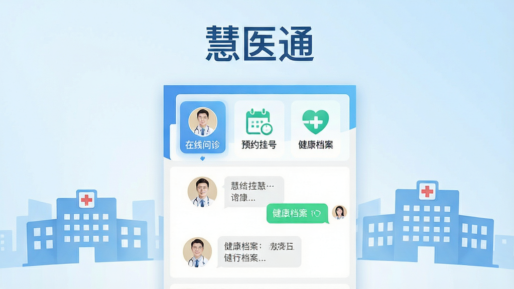 一张展示慧医通软件核心全貌的宣传图,画面中央是慧医通APP的界面截图,界面包含在线问诊、预约挂号、健康档案等模块图标,背景为干净的浅蓝色渐变,风格简洁专业,细节包括医生头像、问诊对话气泡、医院建筑剪影,画质高清,画面干净,无多余元素,图片中文字“慧医通”