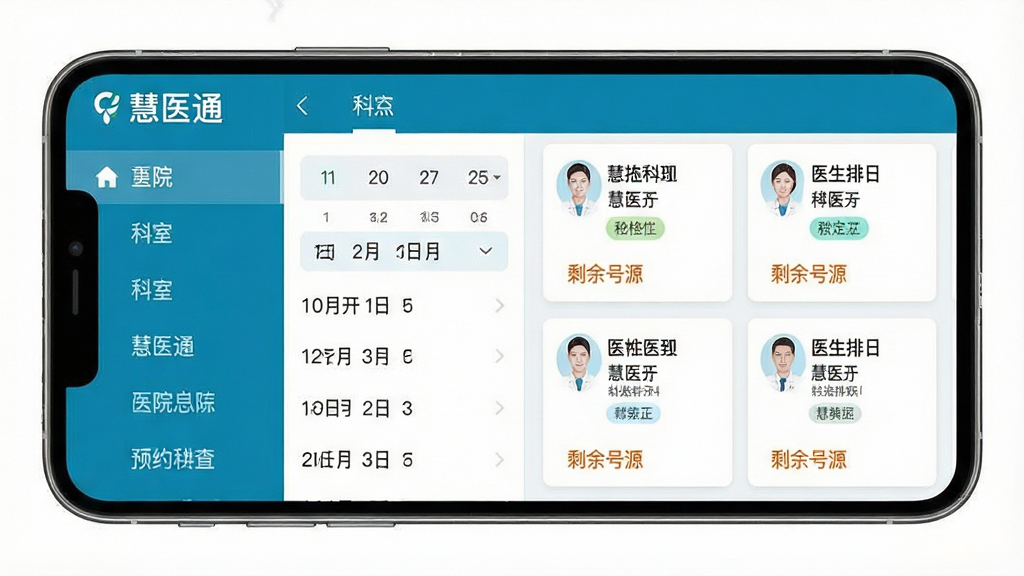 一张展示慧医通预约挂号功能的界面图,主体是手机屏幕中的医院科室列表与日历排班表,布局为左侧科室导航、右侧医生排班卡片,排版规整,风格清爽,细节包括日期选择器、医生职称标签、剩余号源提示,画质高清,画面干净,无多余元素,图片中文字“慧医通”