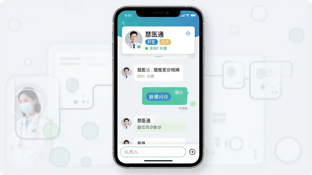 一张展示慧医通在线问诊功能的界面图,主体是手机屏幕中的问诊聊天窗口,布局为上方医生信息卡、中间对话气泡、底部输入框,排版清晰,风格现代简洁,细节包括医生头像、科室标签、在线状态指示,画质高清,画面干净,无多余元素,图片中文字“慧医通”