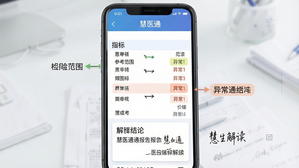 一张展示慧医通报告解读功能的界面图,主体是手机屏幕中的检验报告单与解读标注,布局为上方报告标题、中间指标列表、底部解读结论卡片,排版专业,风格严谨,细节包括参考范围箭头、异常值高亮、医生解读签名,画质高清,画面干净,无多余元素,图片中文字“慧医通”
