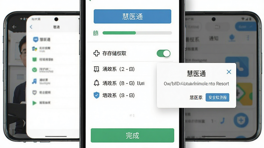 一张展示慧医通在安卓手机上安装与权限设置步骤的示意图,主体是手机屏幕中的安装进度条与权限弹窗,布局为上方安装按钮、中间权限列表、底部完成提示,排版直观,风格扁平化,细节包括存储权限开关、通知权限图标、安全检测标识,画质高清,画面干净,无多余元素,图片中文字“慧医通”