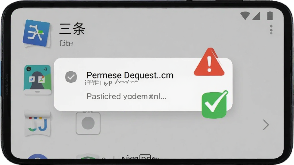 一部安卓手机显示“三条”应用安装界面,屏幕上出现权限请求弹窗,旁边有一个红色的警告标志和一个绿色的对勾标志,背景为浅灰色,整体风格直观清晰,画质清晰,无多余元素