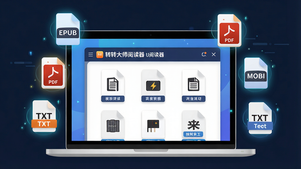一张AI生成的软件功能展示图,画面主体是一台笔记本电脑屏幕,屏幕上显示