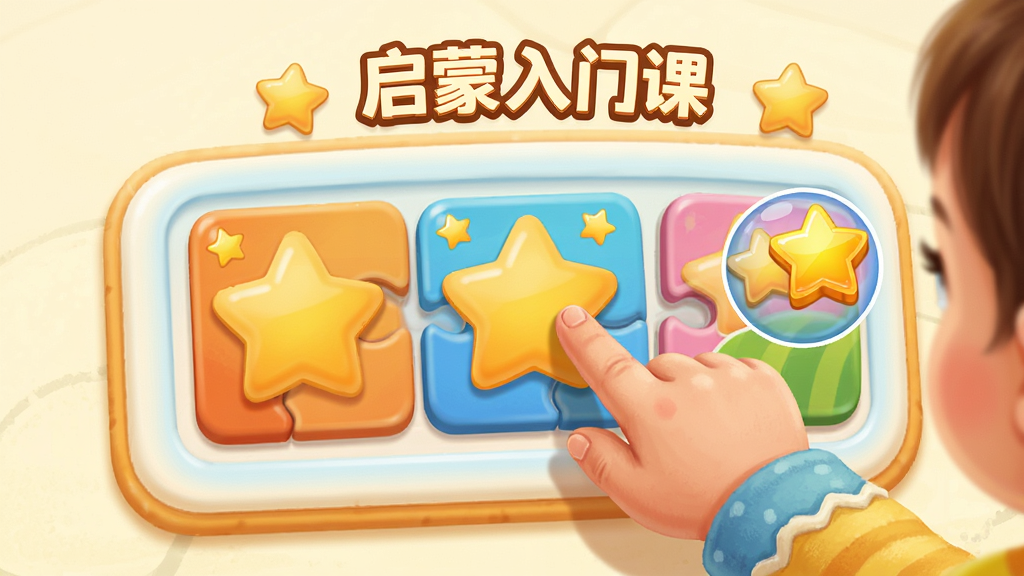 宝宝启蒙入门课互动操作场景,幼儿用手指拖拽拼图,画面中有星星和奖励动画,卡通风格,布局居中,色彩温暖,细节生动,高清画质,背景干净
