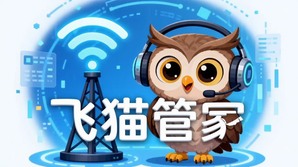 一只可爱的卡通猫头鹰戴着科技感耳机,站在一个发光的WiFi信号塔旁边,背景是蓝色的科技光环和飘浮的数据流,画面中央有醒目的白色文字